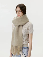 Soft dusty blue wool blend scarf with extra long tassels - View 6 | TEVQA