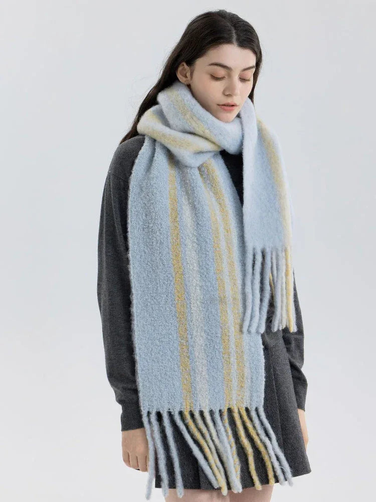 Butter Yellow Striped Wool Scarf - View 8 | TEVQA