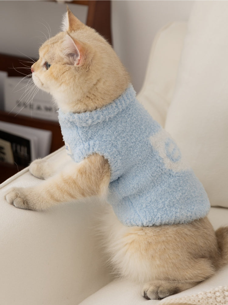 A cream-colored cat wearing a light blue fuzzy sweater is looking to the side, with its front paws resting on a white sofa.