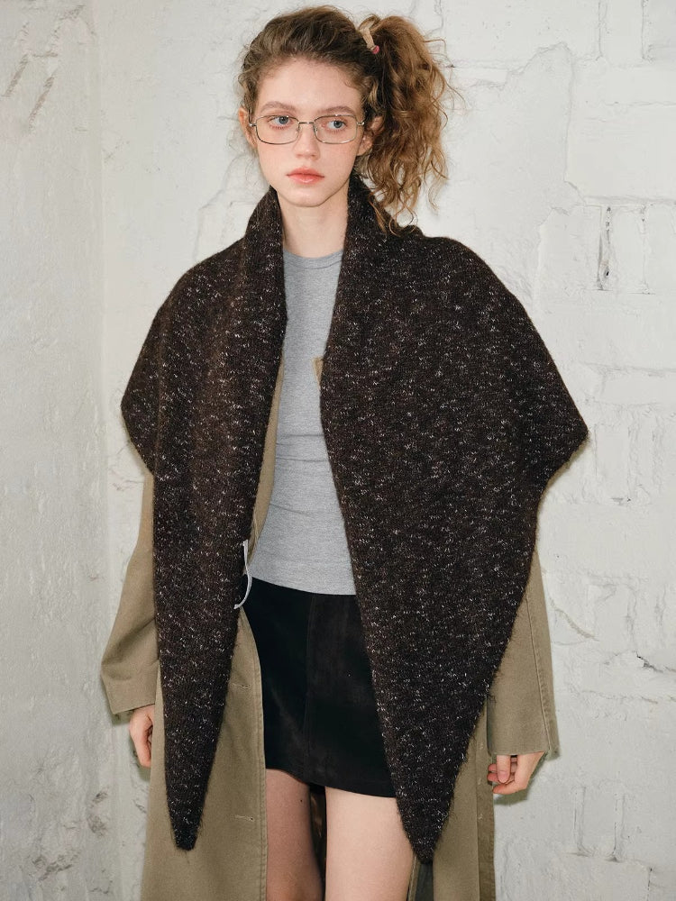 Oversized Marled Knit Triangle Shawl Dark Brown