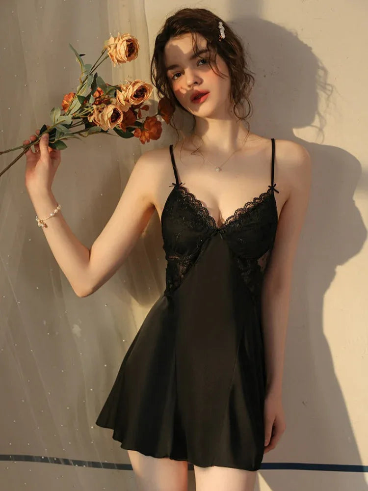 French Princess | Dot Mesh & Lace Satin Robe Set - TEVQA