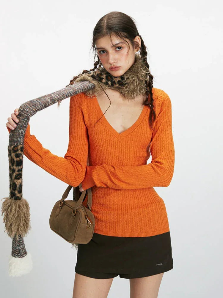 Vibrant V-Neck Slim Fit Cable Knit Top - TEVQA