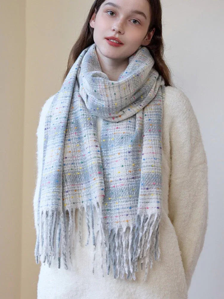 Oversized confetti knit scarf with rainbow speckles and fringe detail - View 6 | TEVQA