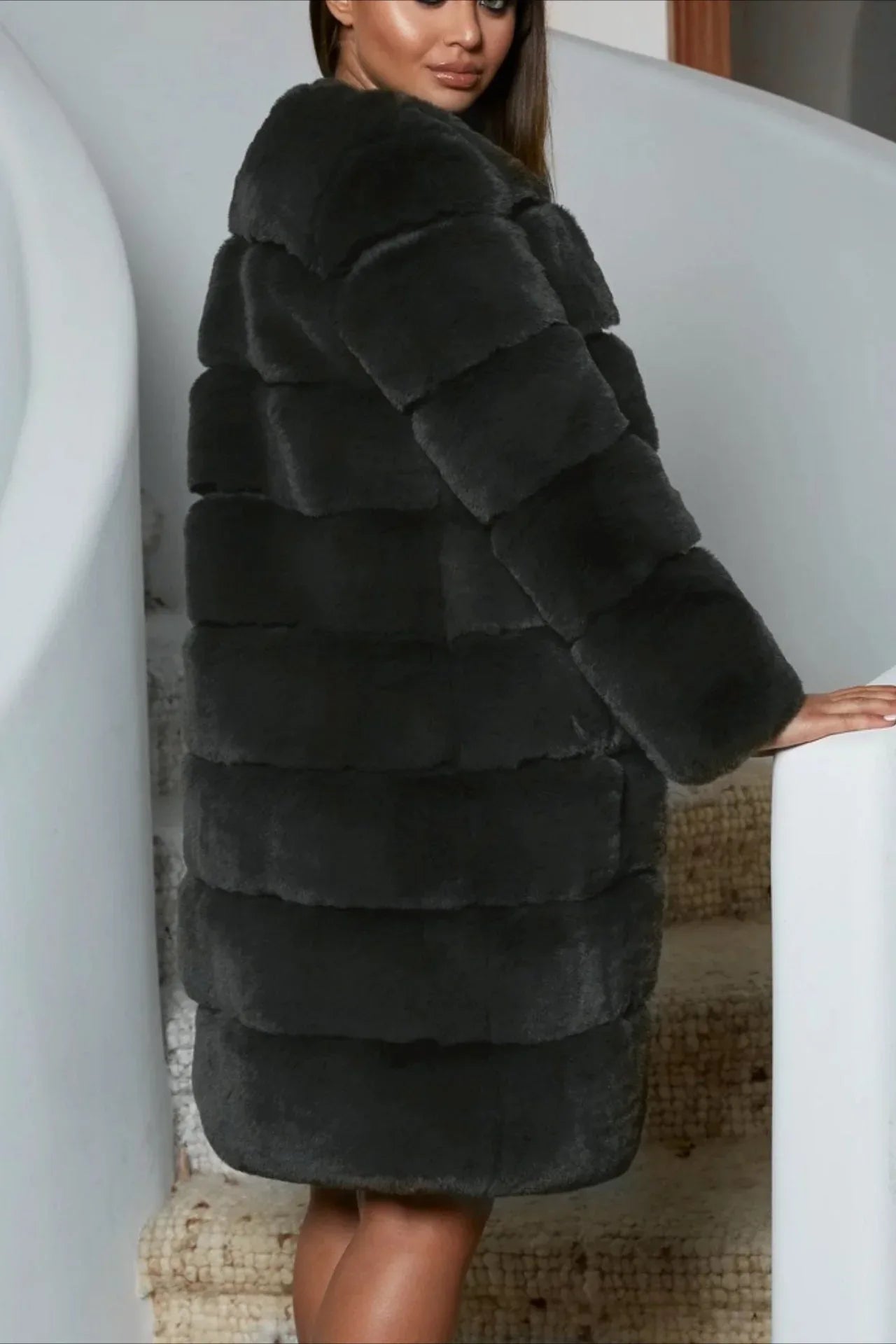 Elegant grey tiered faux fur long coat - View 6 | TEVQA
