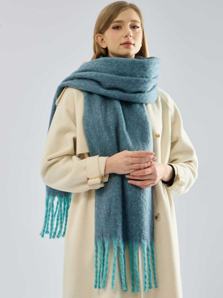 Women's Extra-Long Bouclé Scarf Soft Chunky Knit Winter Wrap with Fringe - Teal Blue Main image