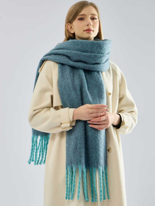Women's Extra-Long Bouclé Scarf Soft Chunky Knit Winter Wrap with Fringe - Teal Blue