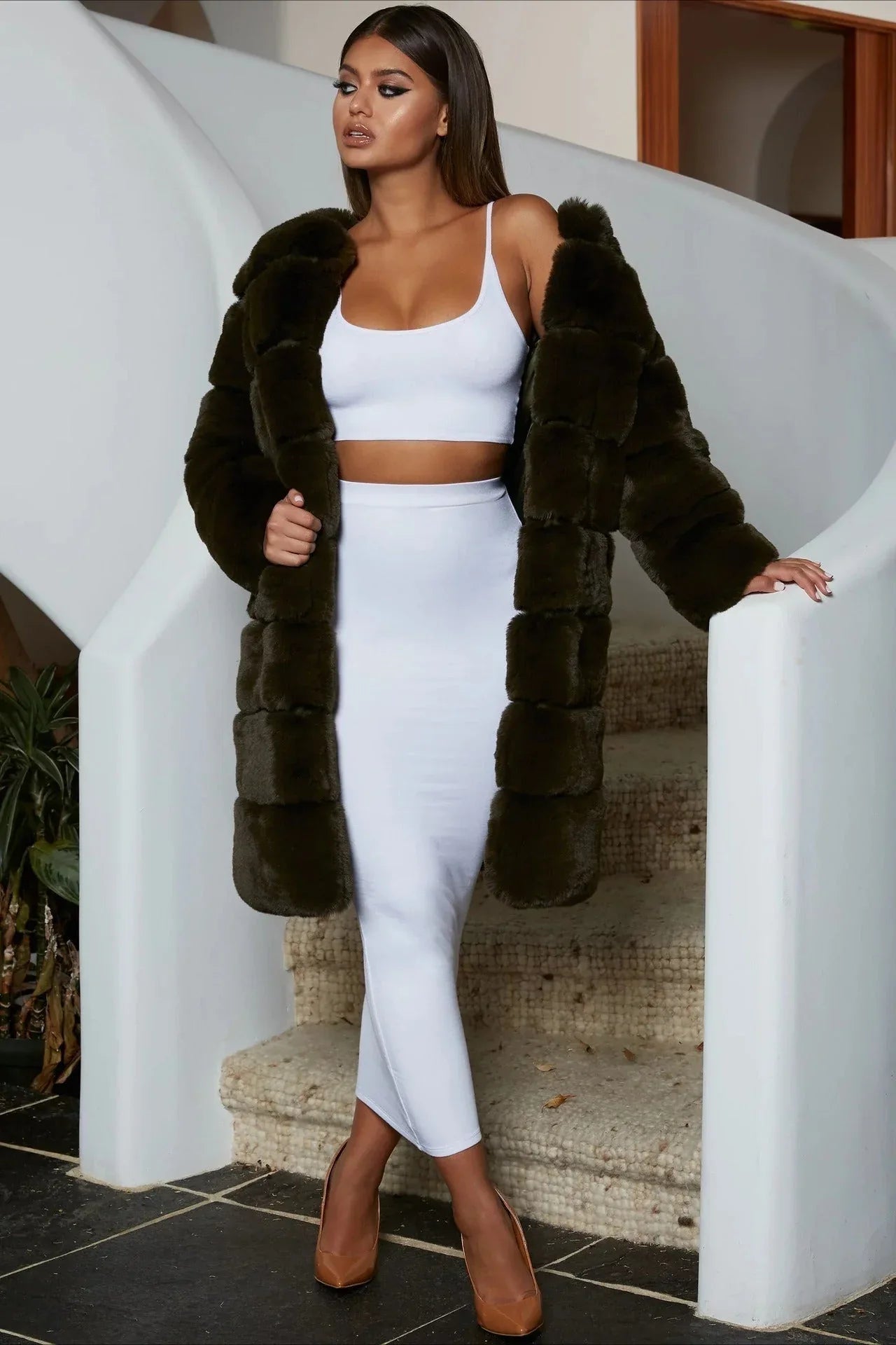 Elegant grey tiered faux fur long coat - View 8 | TEVQA