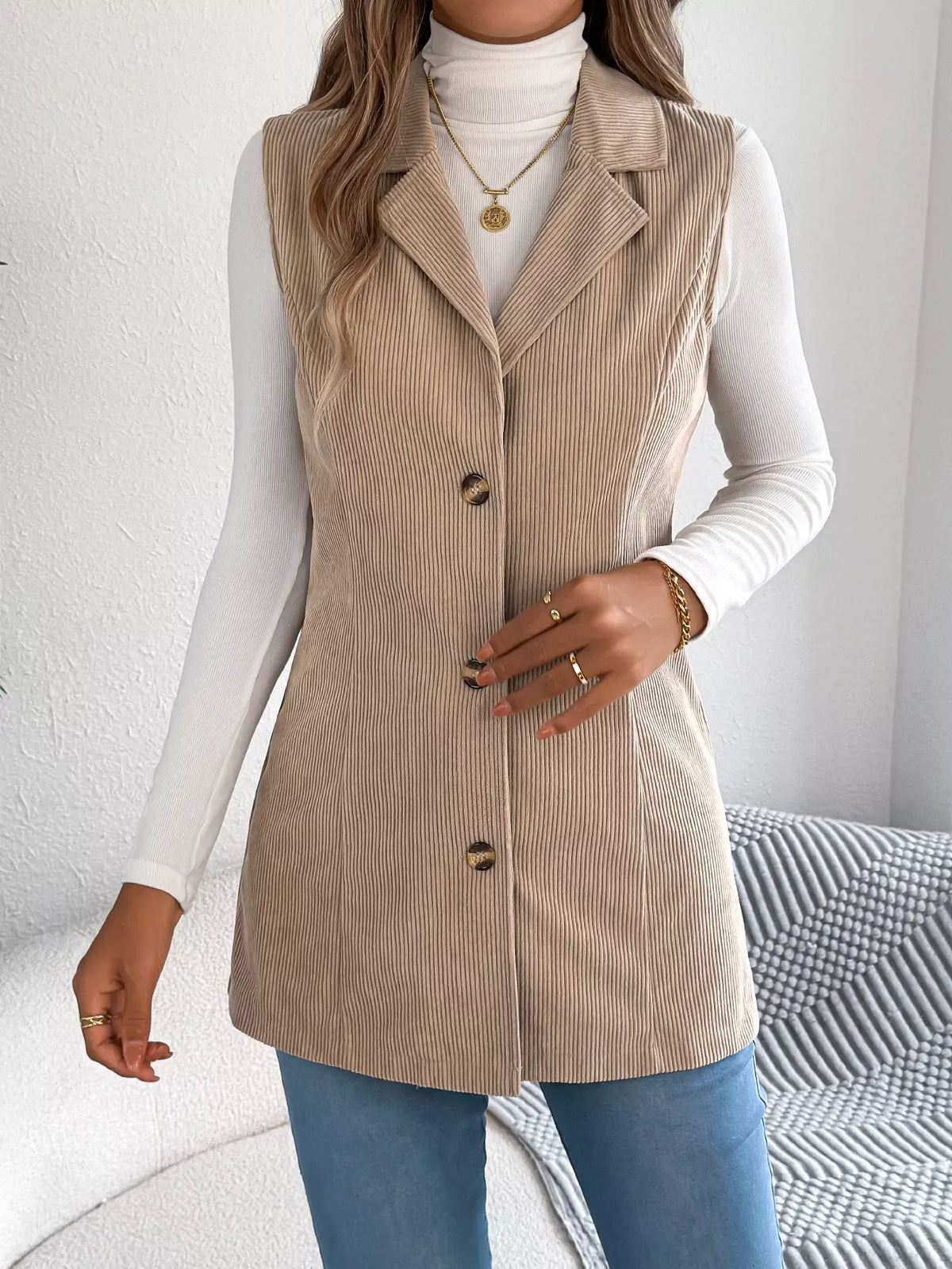 Beige Corduroy Button Down Vest - TEVQA