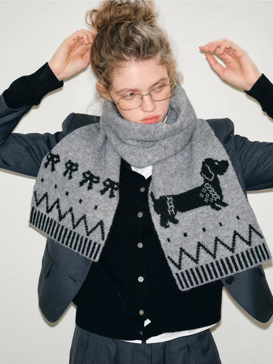 Grey Knit Scarf with Dachshund Dog Pattern