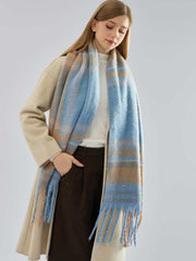 Long Plaid Fringe Scarf Blue Multi