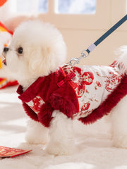 Side view of a white fluffy dog wearing a red and gold traditional Chinese-style coat, attached to a leash