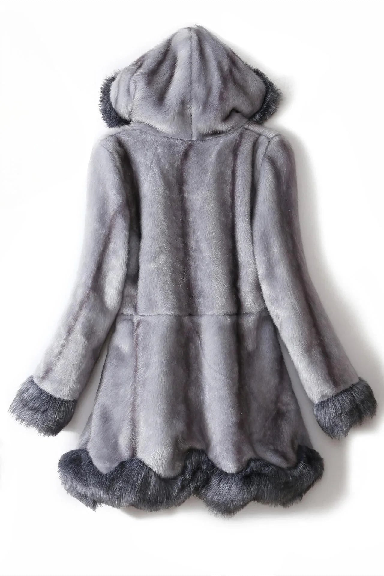 Back view of a grey faux fur coat with a hood