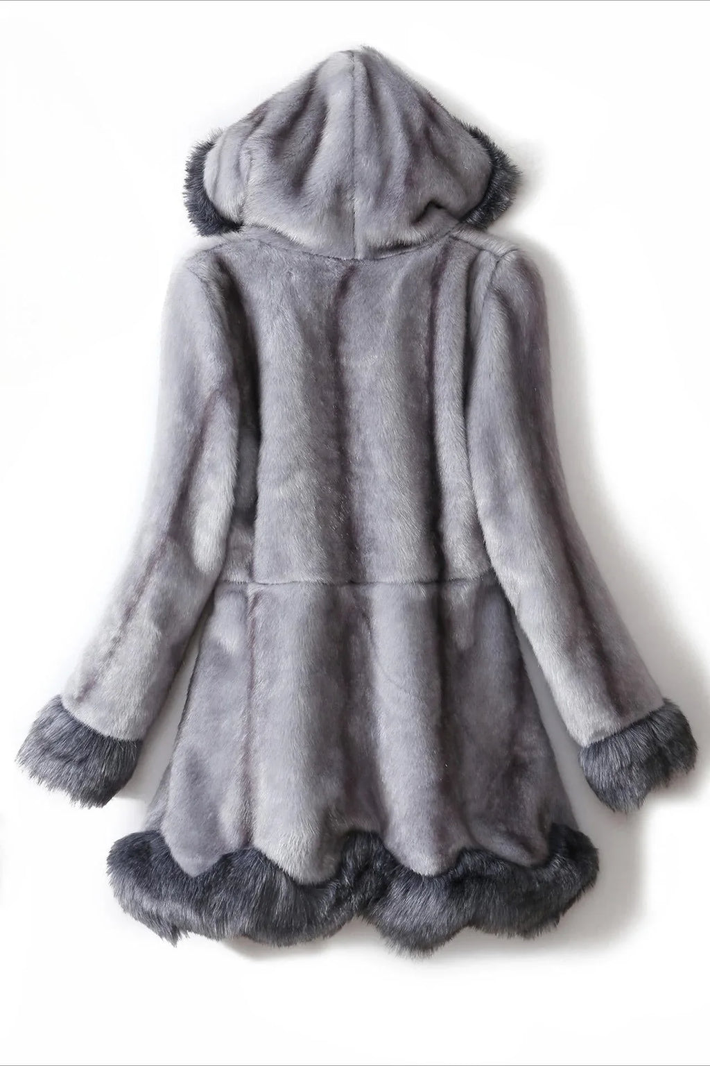 Back view of a grey faux fur coat with a hood