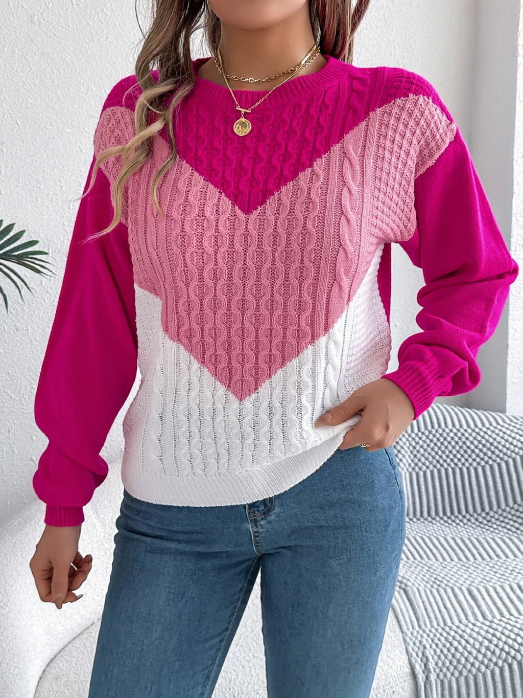 Colorblock cable knit sweater - View 17 | TEVQA
