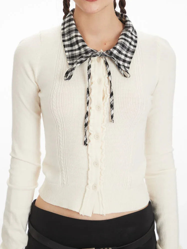 Vintage Cream Cable Knit Cardigan with Plaid Collar - TEVQA