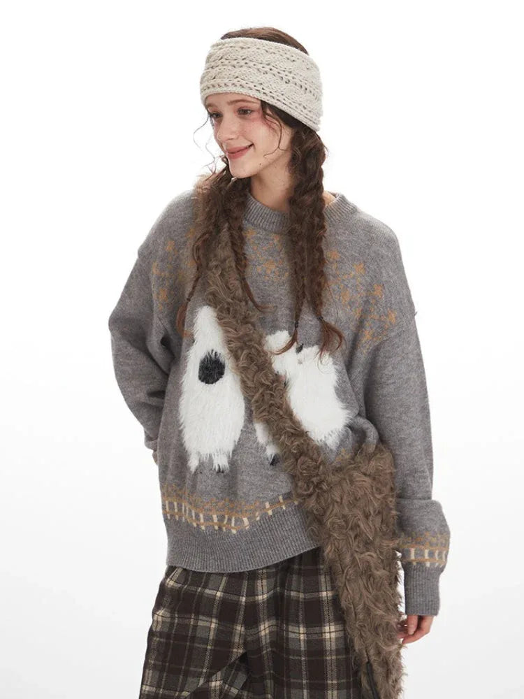 Whimsical Fluffy Yak Graphic Sweater - TEVQA