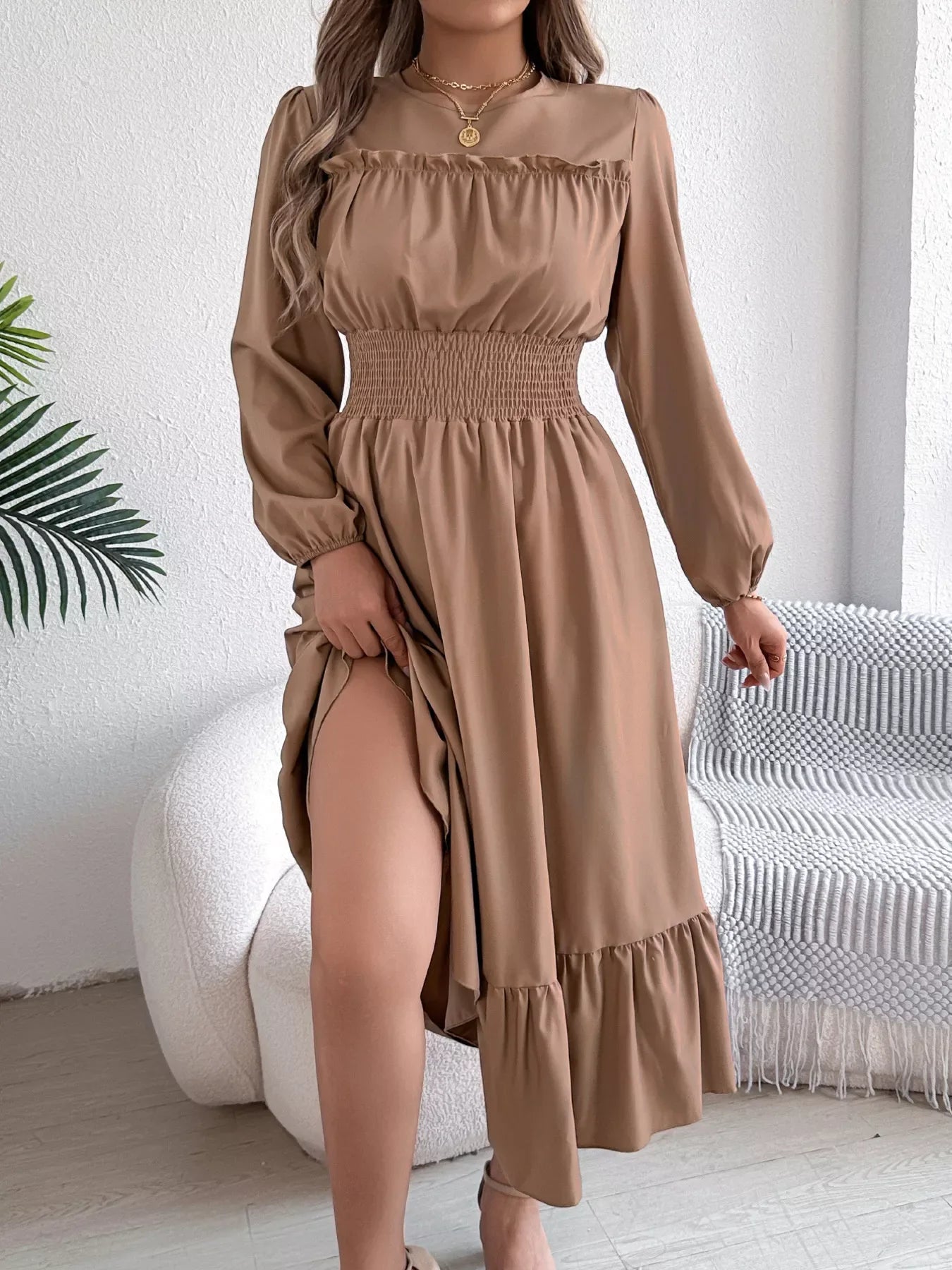 Emerald Green Ruffle Smocked Waist Maxi Dress - View 14 | TEVQA