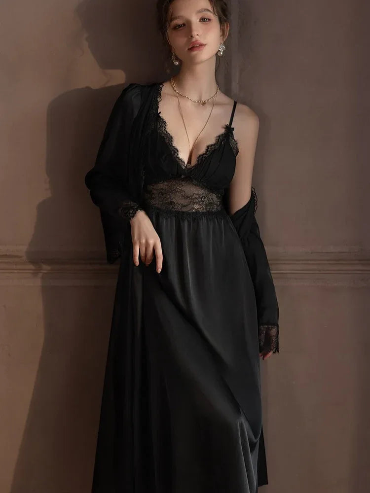 Lace Trim Satin Robe and Slip Set - View 15 | TEVQA