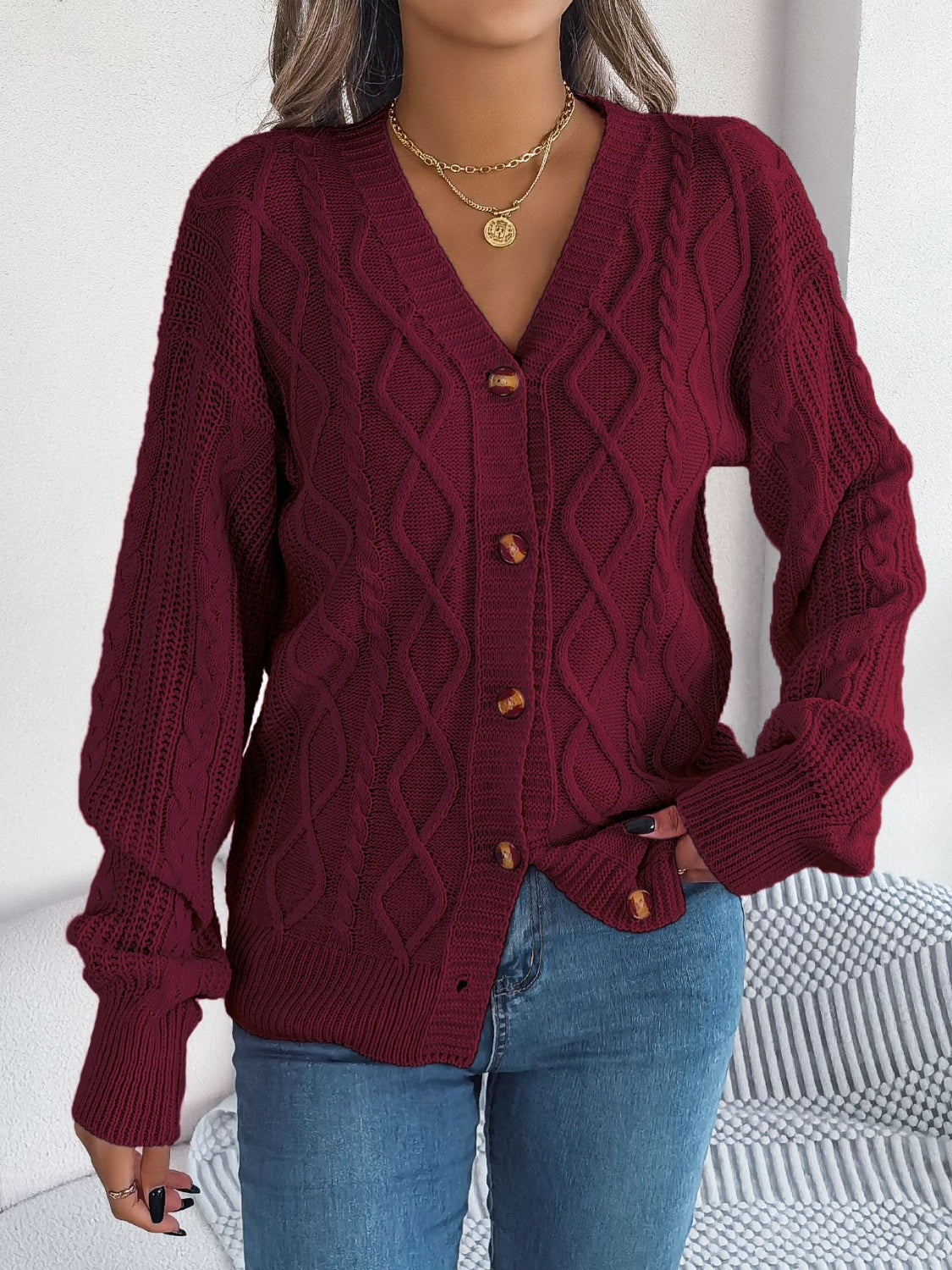 Pink Cable Knit Button Down Cardigan