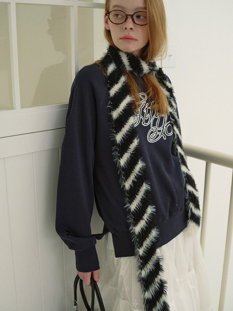 Y2K Acubi Style Fuzzy Diagonal Stripe Skinny Scarf Secondary image