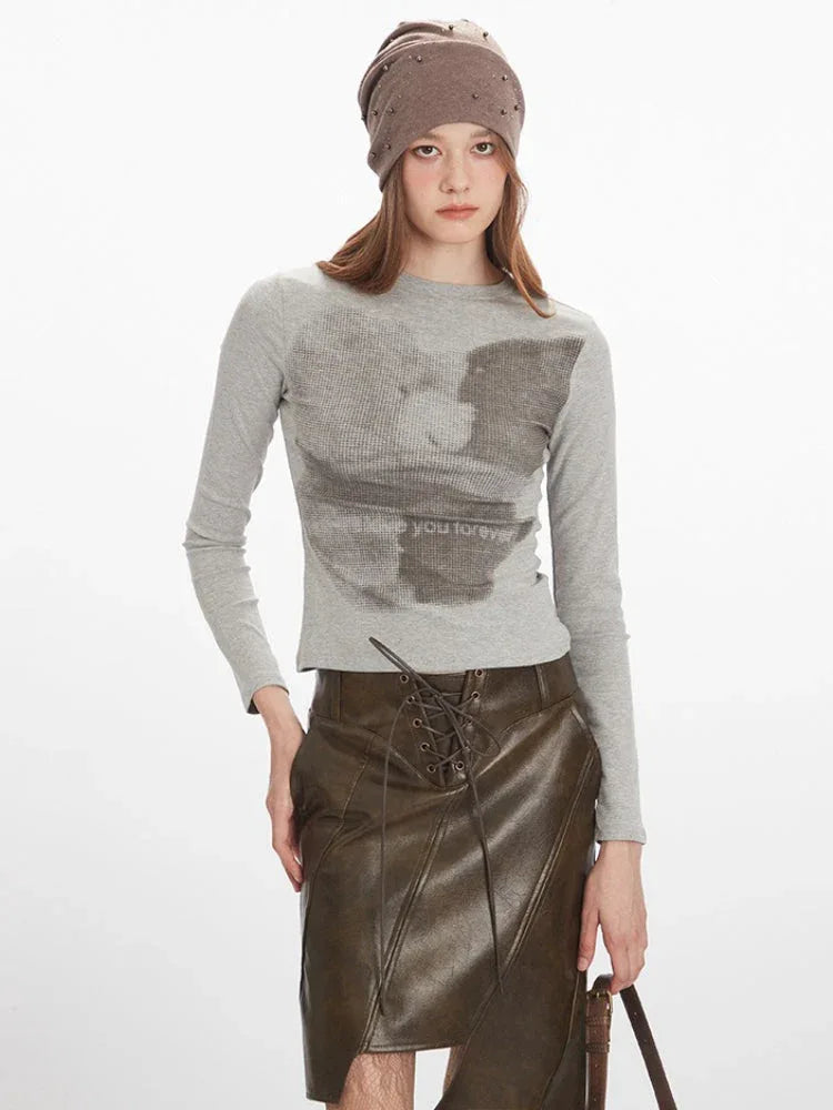 Y2K Pixelated Bear Graphic Long Sleeve Tee - TEVQA