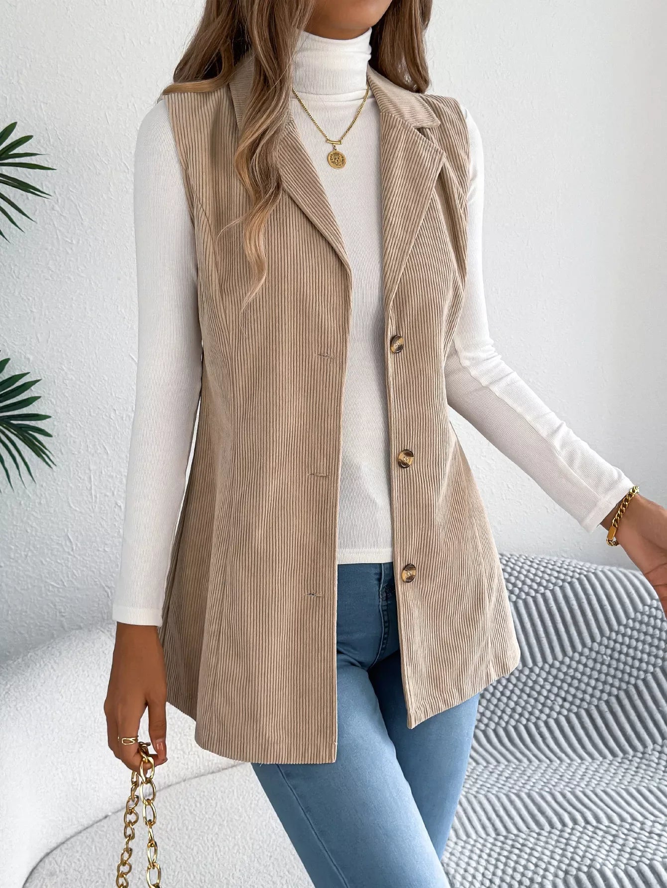 Beige Corduroy Button Down Vest - TEVQA