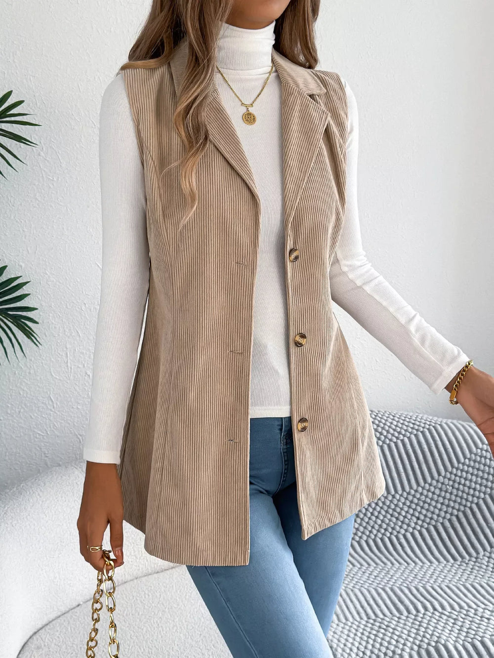 Beige Corduroy Button Down Vest - TEVQA