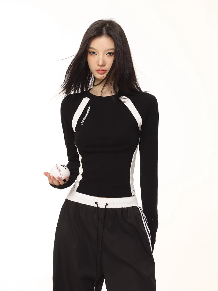 Women's Color Block Raglan Long Sleeve Top Slim Fit Sporty Tee