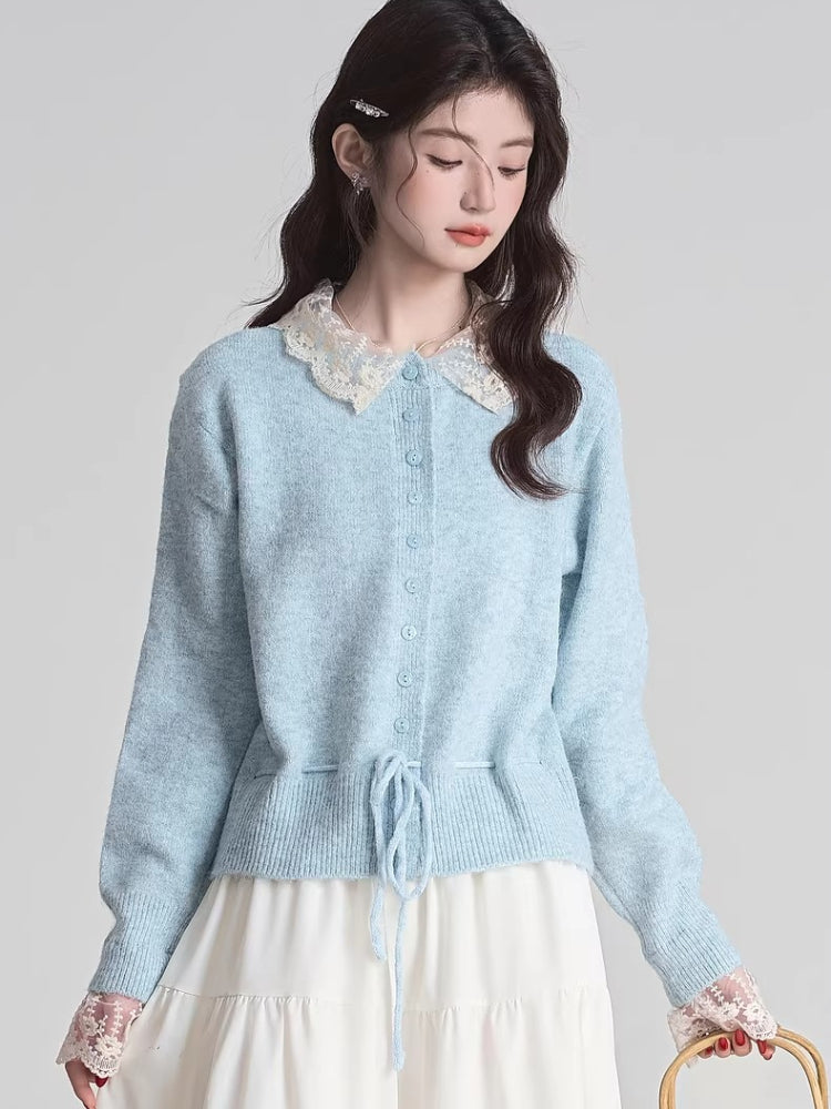 Light blue knit cardigan with lace collar and drawstring waist - View 6 | TEVQA