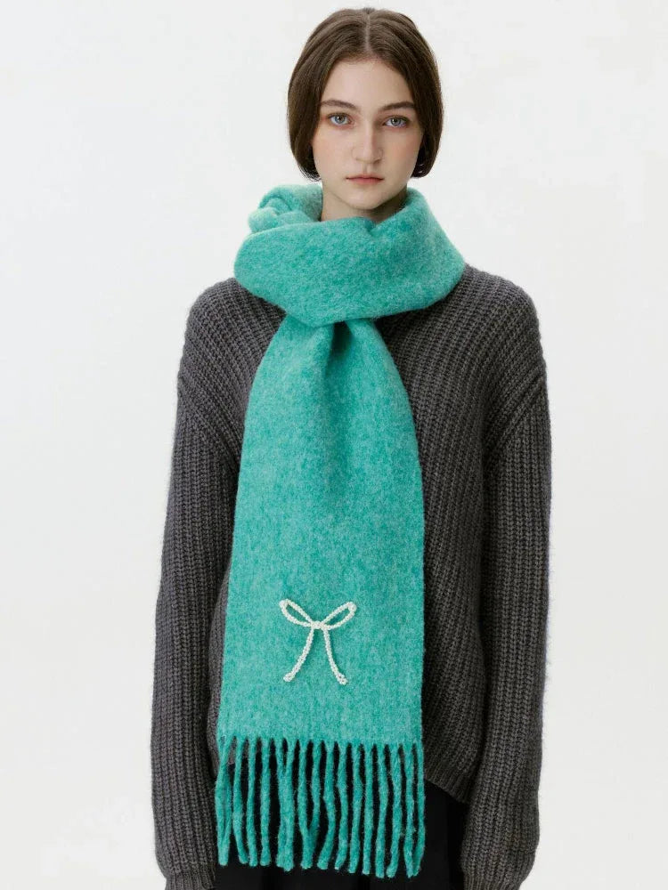 Wool Blend Pearl Bow Scarf - TEVQA