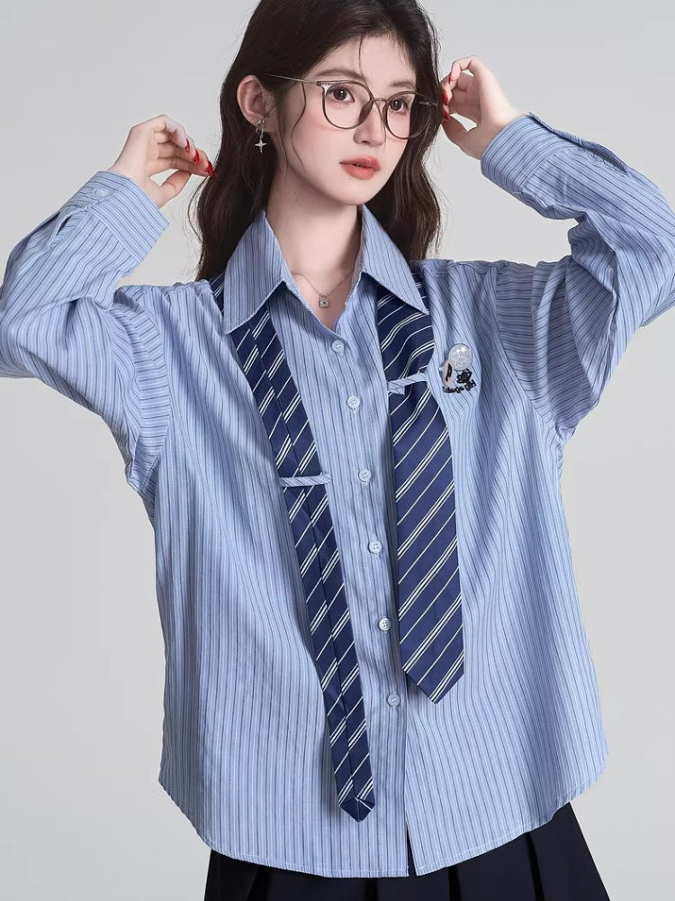 Striped button-down shirt with necktie - View 6 | TEVQA