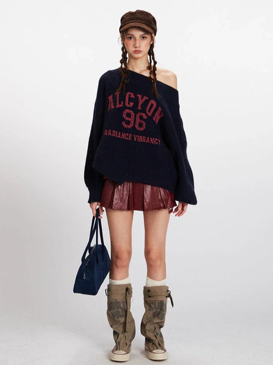 Vintage Collegiate Navy Off-Shoulder Graphic Sweater - TEVQA