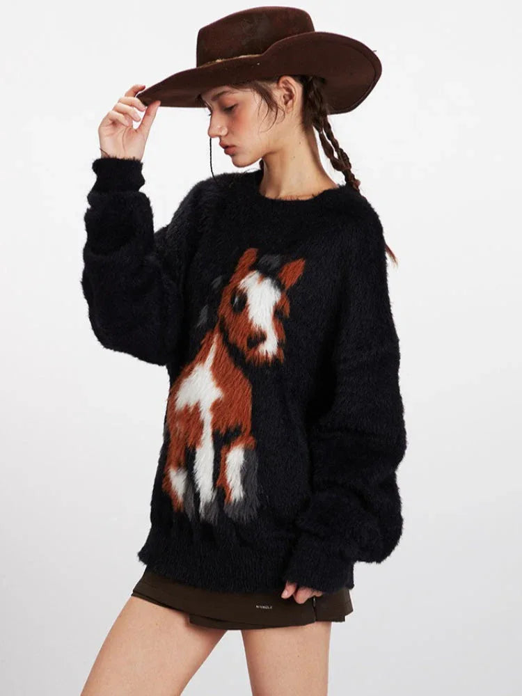Vintage Black Fuzzy Horse Graphic Sweater - TEVQA