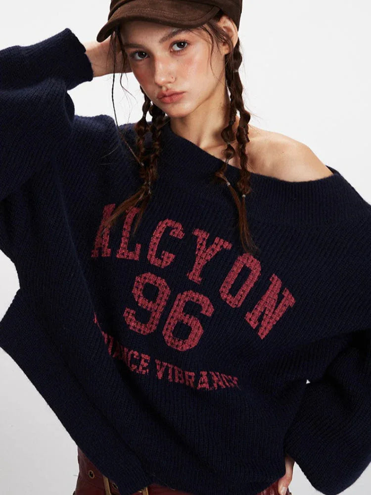 Vintage Collegiate Navy Off-Shoulder Graphic Sweater - TEVQA