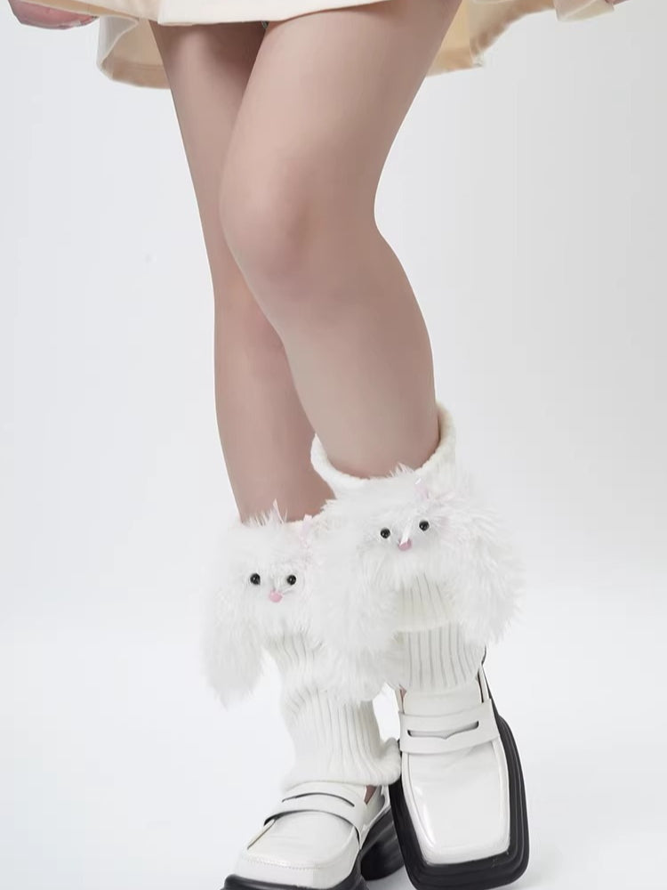 White Ribbed Knit Leg Warmers with 3D Plush Bunny