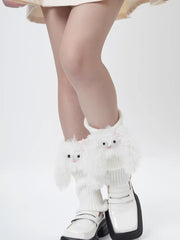 White Ribbed Knit Leg Warmers with 3D Plush Bunny