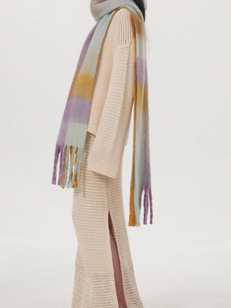 Oversized Blue & Beige Color Block Plaid Scarf - View 13 | TEVQA