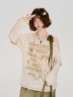 Vintage Graphic Cold Shoulder Layered Top - Beige