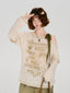 Vintage Graphic Cold Shoulder Layered Top - Beige