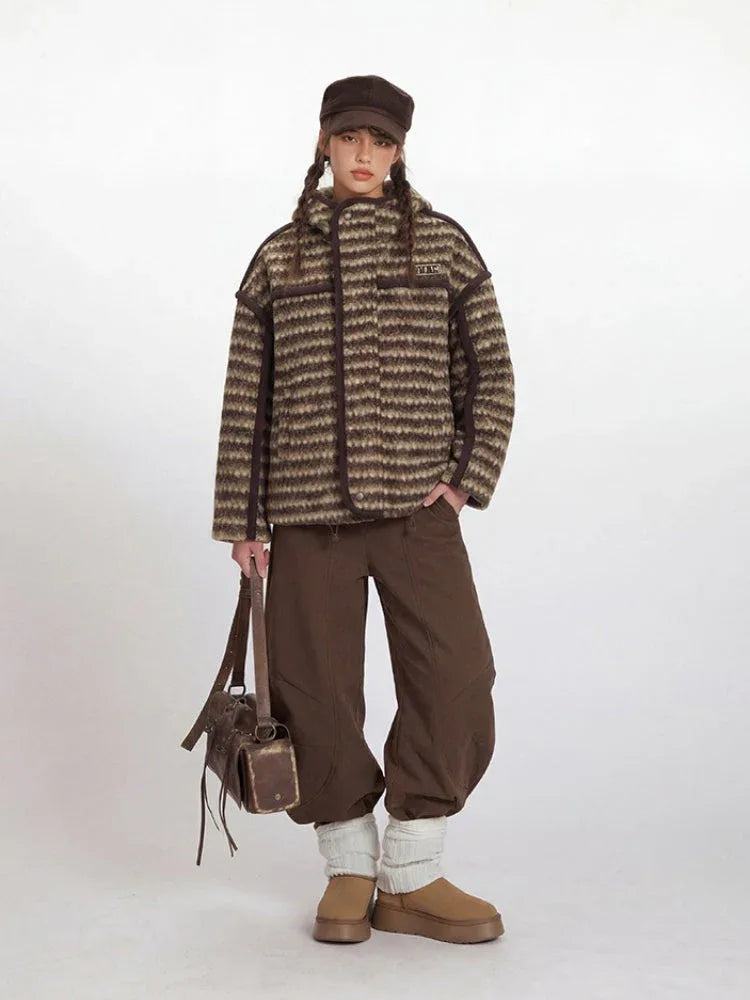 Vintage Brown Striped Sherpa Padded Jacket - TEVQA