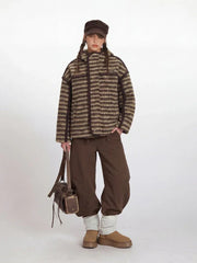 Vintage Brown Striped Sherpa Padded Jacket - TEVQA