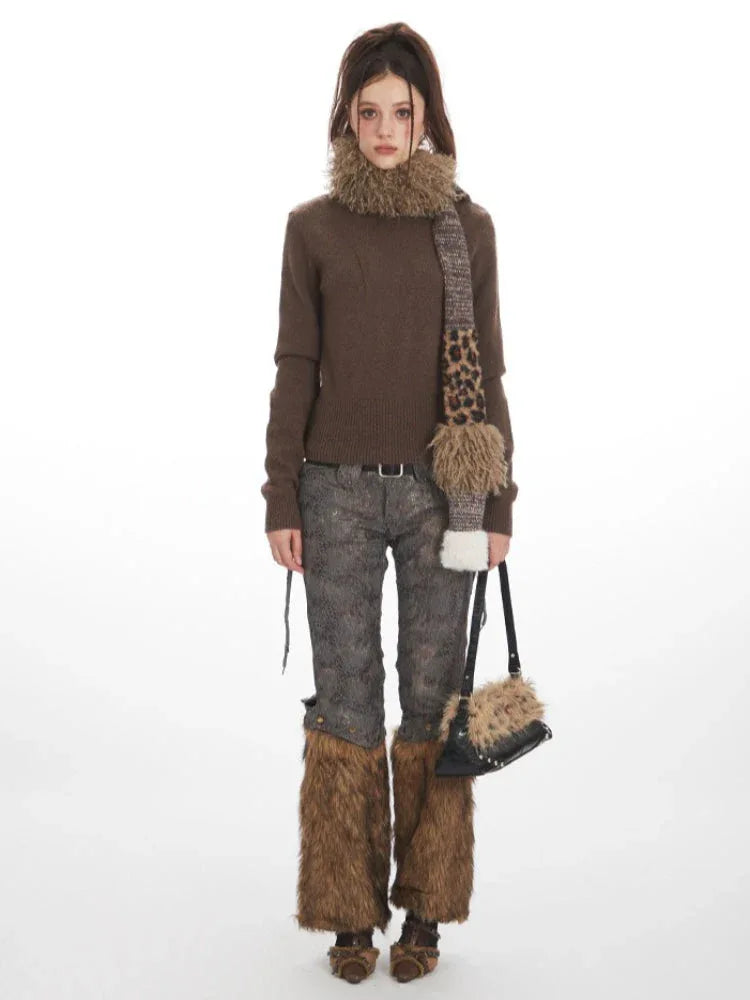 Y2K Chocolate Brown Hooded Knit Sweater - TEVQA Main image