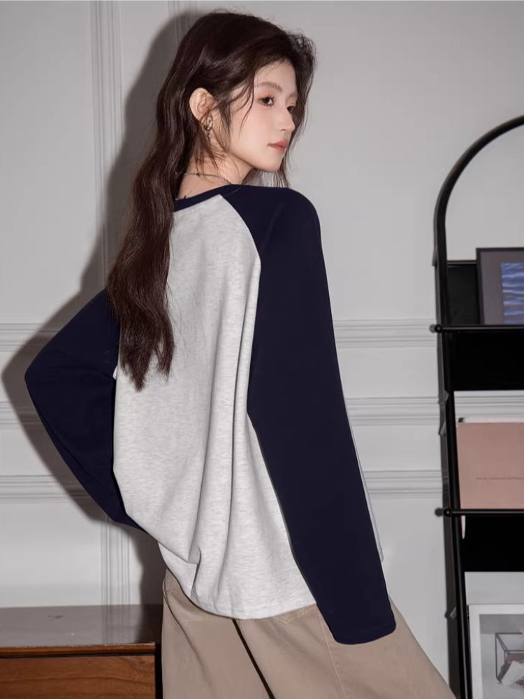 Grey and navy contrast raglan sleeve casual t-shirt - View 6 | TEVQA