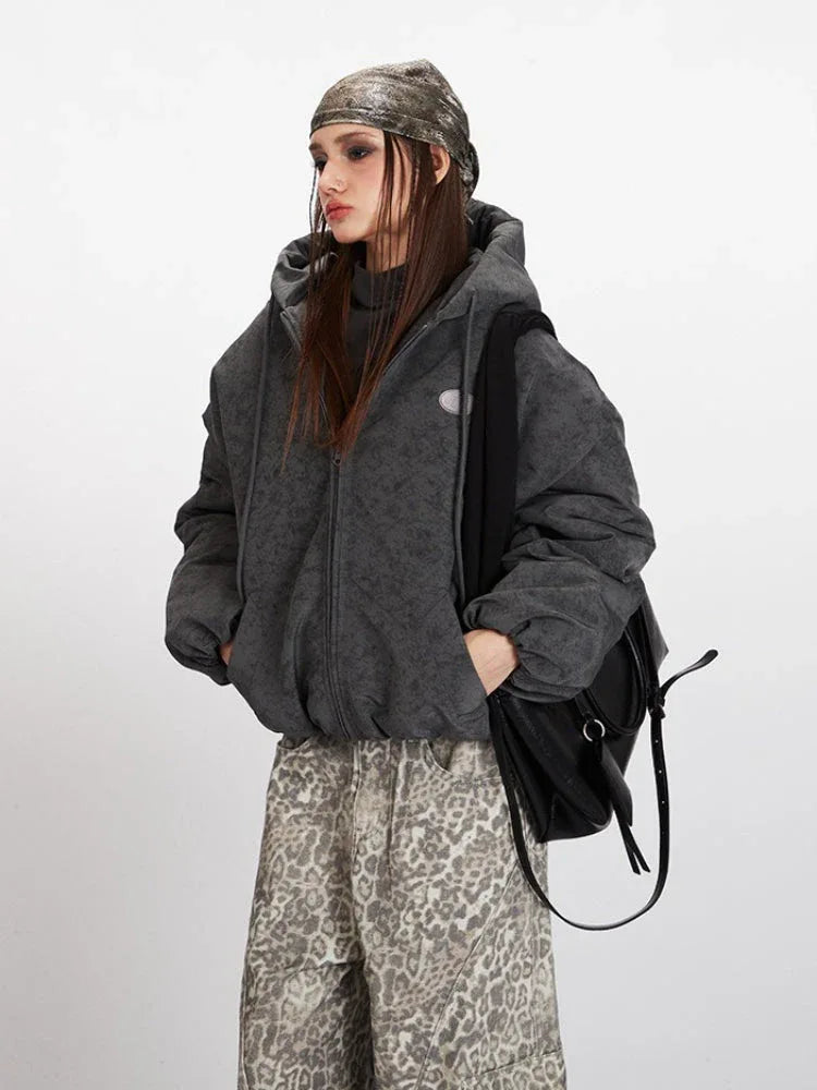 Vintage Wash Distressed Hooded Puffer Jacket - TEVQA