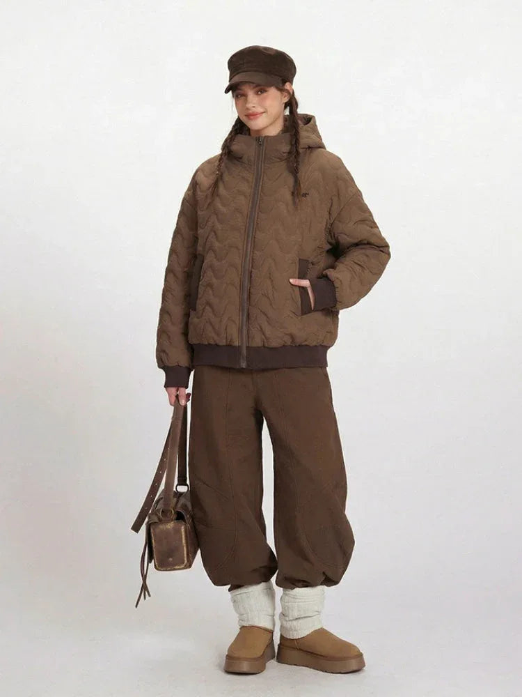 Vintage Mocha Wavy Quilted Hooded Puffer Jacket - TEVQA Secondary image