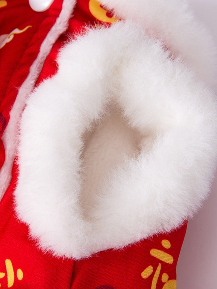 Dog wearing a red and gold New Year tang suit vest with faux fur trim and Chinese knot buttons. - View 9 | TEVQA