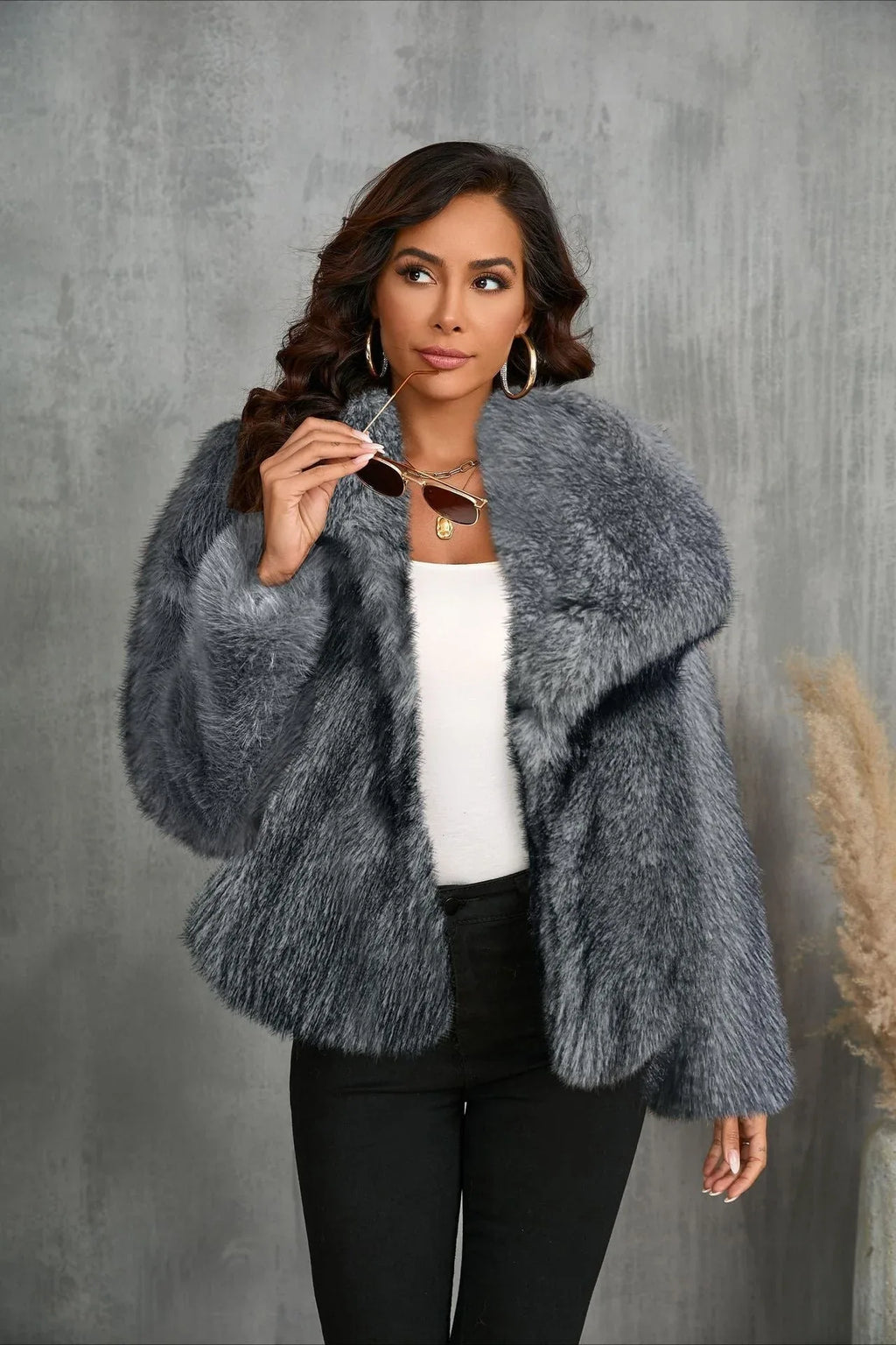 Luxe Sage Grey Faux Fox Fur Coat - TEVQA