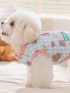 Side view of a white poodle wearing a light blue gingham dog vest with cartoon bears and strawberries