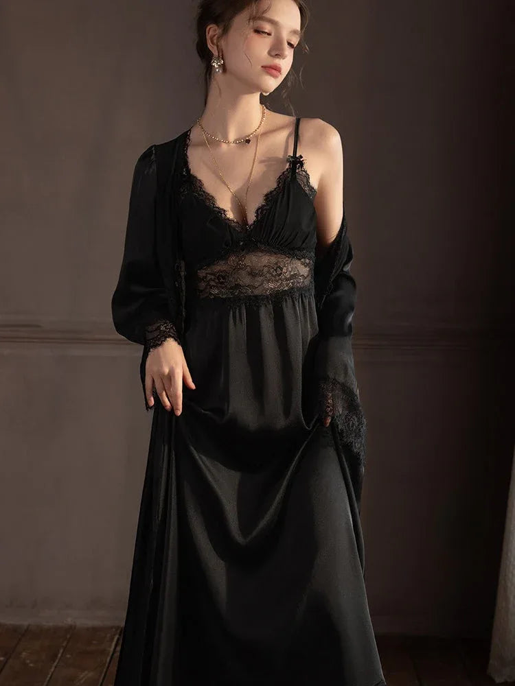 Lace Trim Satin Robe and Slip Set - View 14 | TEVQA