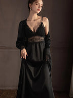 Lace Trim Satin Robe and Slip Set - View 14 | TEVQA